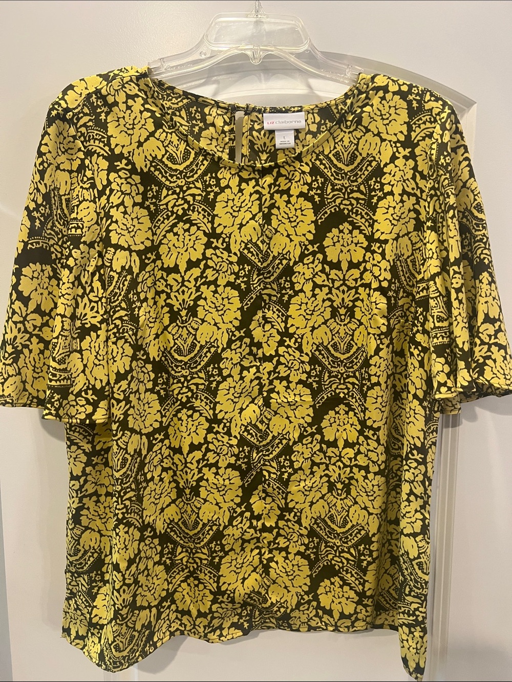 Liz Claiborne Yellow and Black Floral-Pattern Blouse
